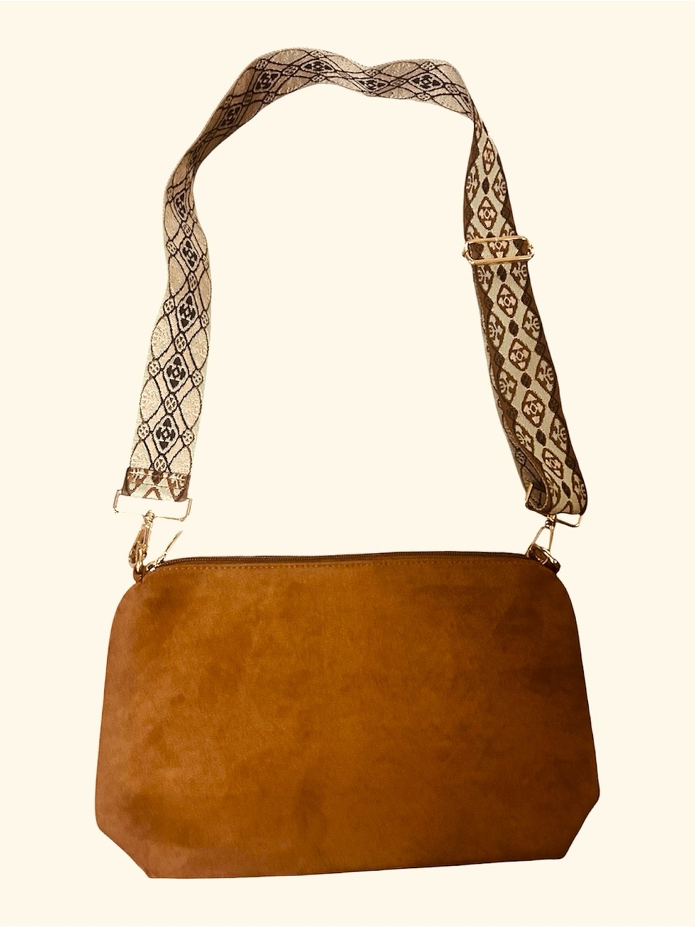 Tan Suede Like material Crossbody Bag with Patterned Strap nwot